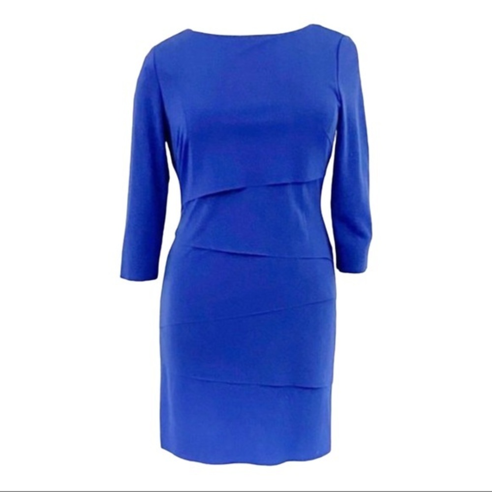 TAHARI KNIT TIERED RUFFLE SHEATH DRESS 16W LAPIS